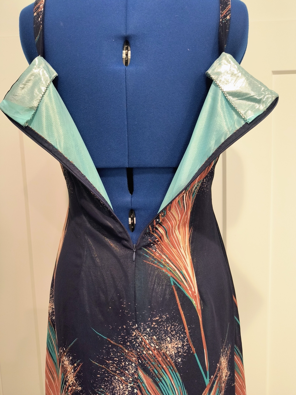 Navy Blue Maxi Dress with Coral & Teal Feather Print - Picture 7 of 7